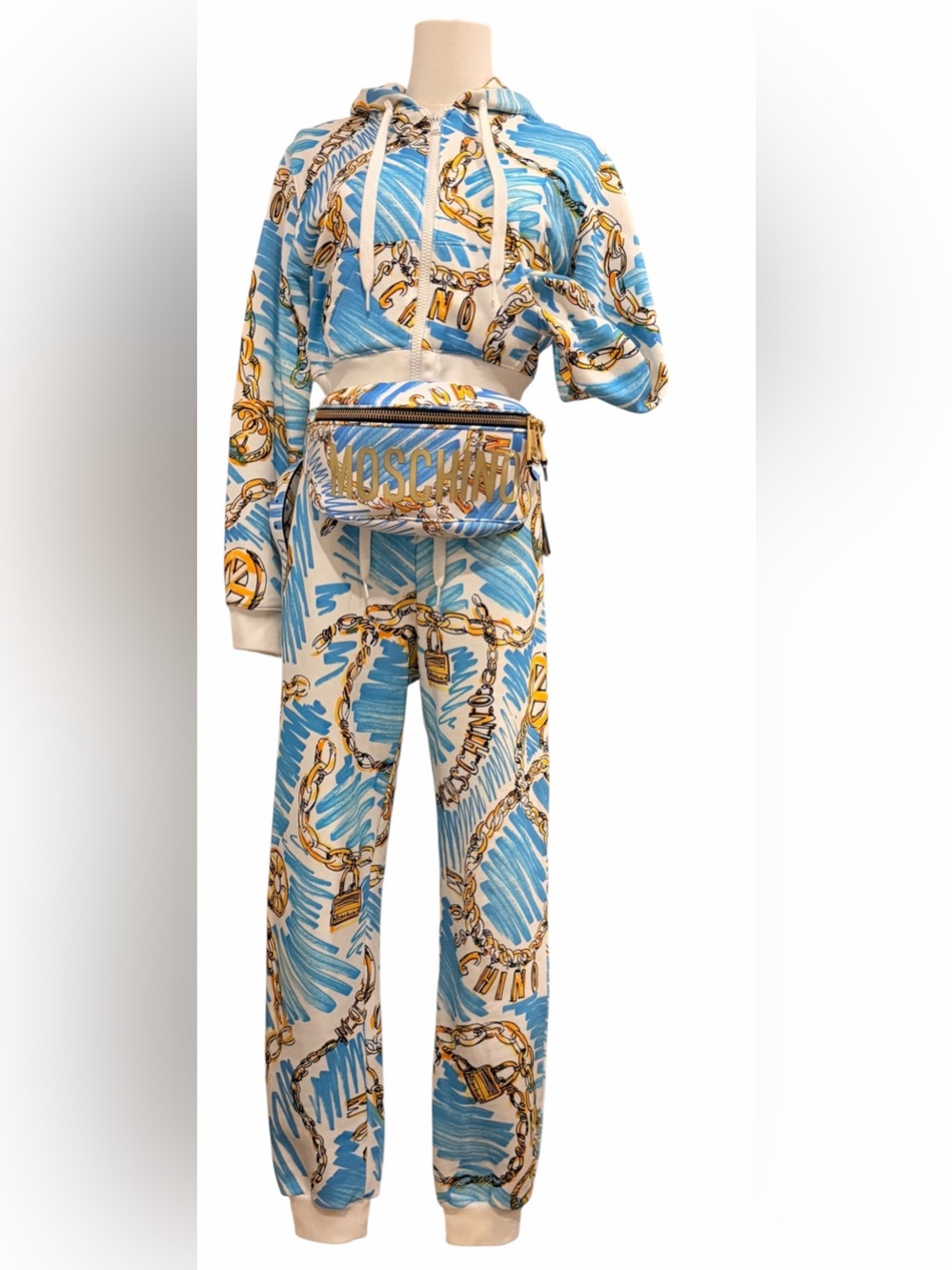 Moschino Couture Chain Print Jogger Set 2019 Runway w/ Belt Bag Size S